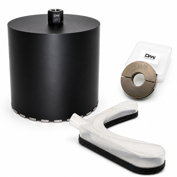 DMI 14-inch complete coring bundle with diamond core bit, V500 V-style slurry control ring, and breakaway washer